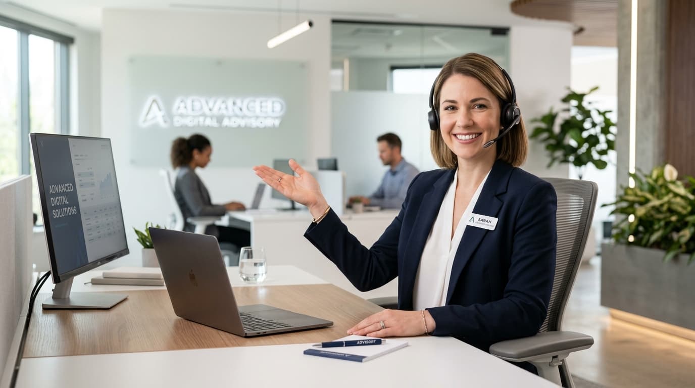 Advisory support specialist gesturing toward social channels